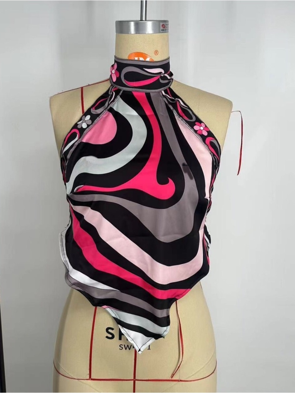 Emilio Pucci Pink Black Floral Halter Scarf Crop Top